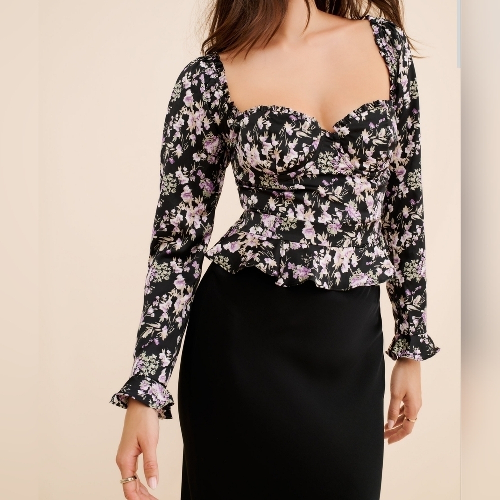 ASTR the Label Satin Black Purple Floral Corset Long Sleeve Top, Size Medium